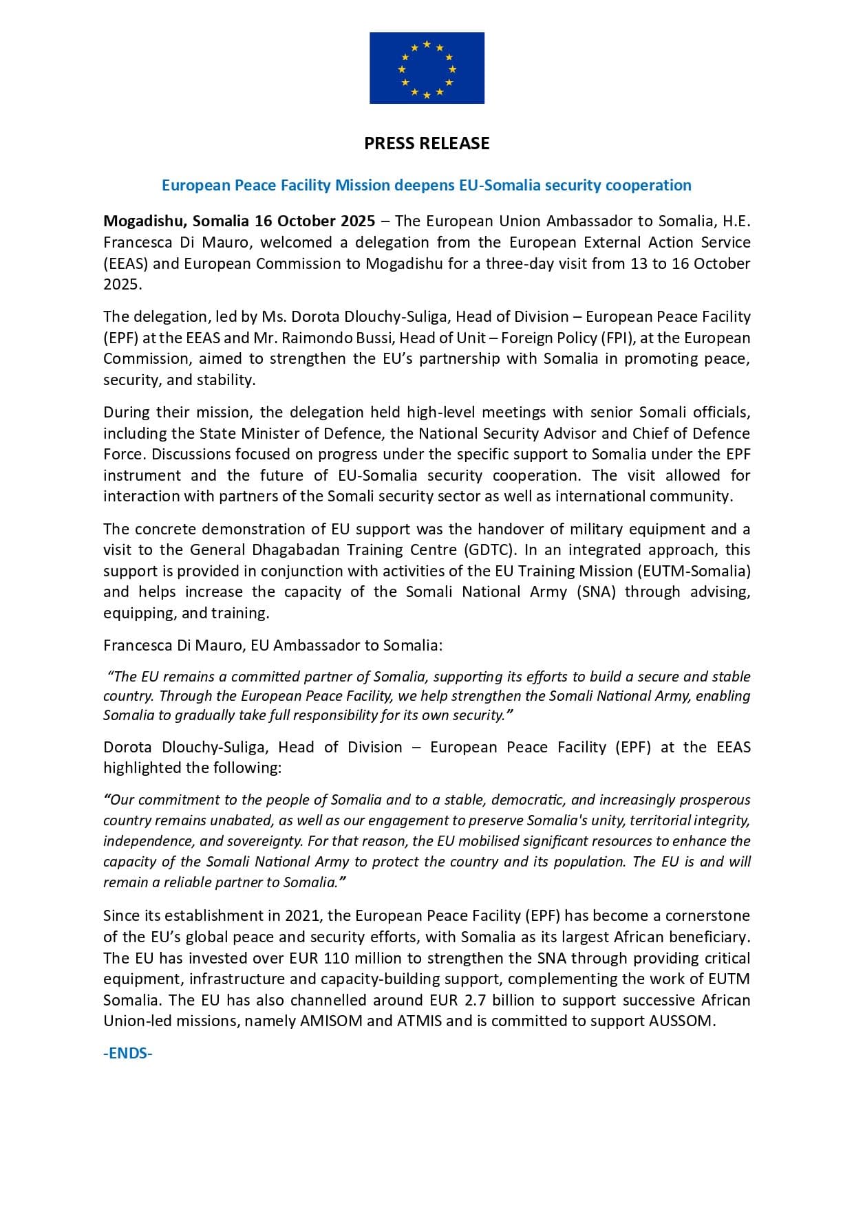 Midowga Yurub oo Xoojinaya Wada-shaqaynta Ammaanka ee Soomaaliya.